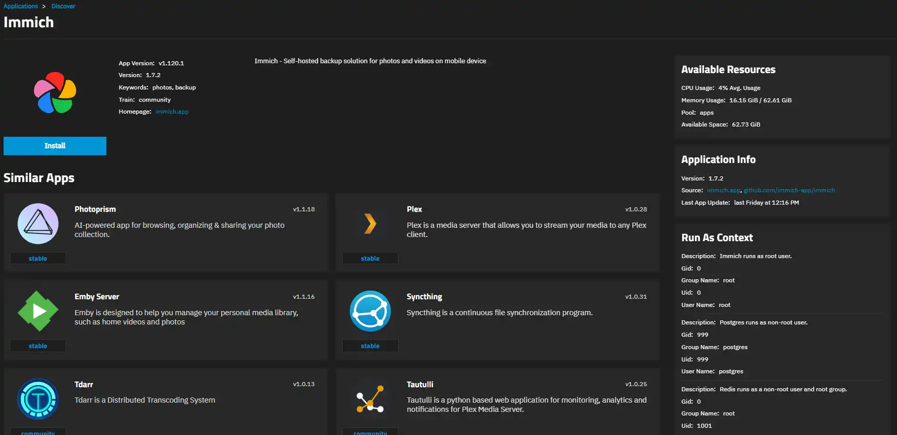 Pantalla de detalles de la aplicación Immich