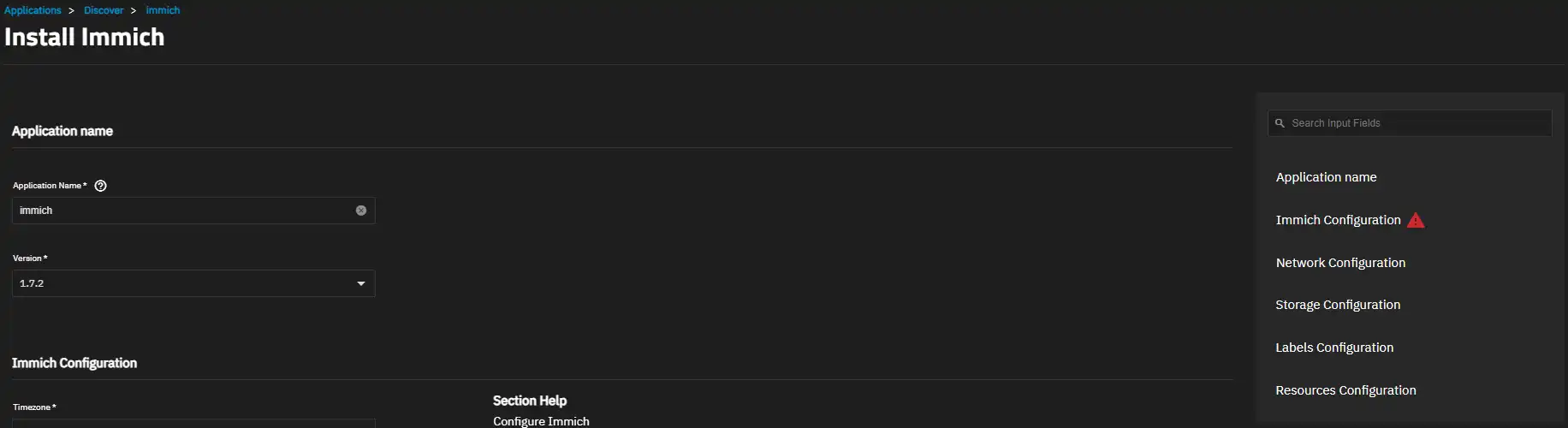Pantalla de instalación de Immich