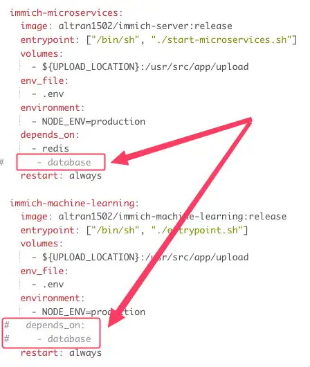 Comentar cada referencia al servicio de base de datos en el archivo compose
