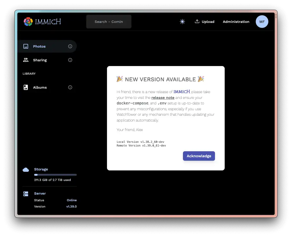 Notificación de actualización de Immich