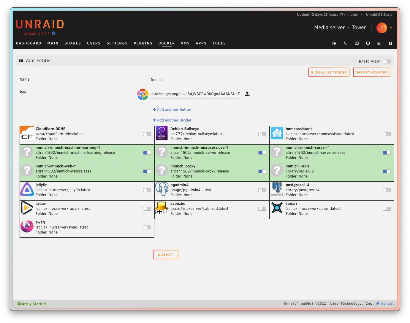 Dockerタブに移動し、immich-webの隣に表示されているアドレスにアクセス