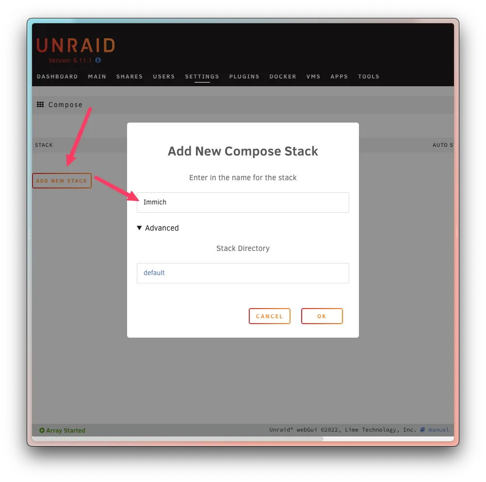 Selecionar Plugins > Compose.Manager > Add New Stack > Rotule como Immich