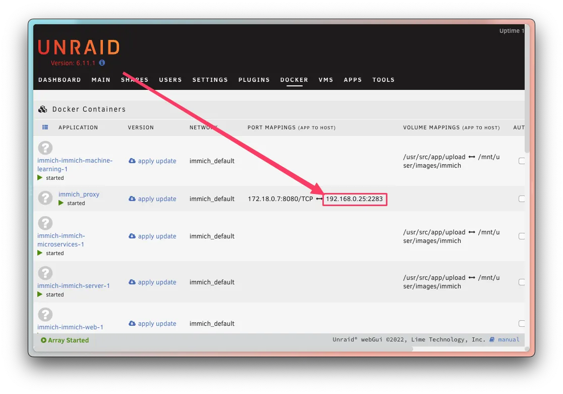 Vá para a aba Docker e acesse o endereço listado ao lado de immich-web
